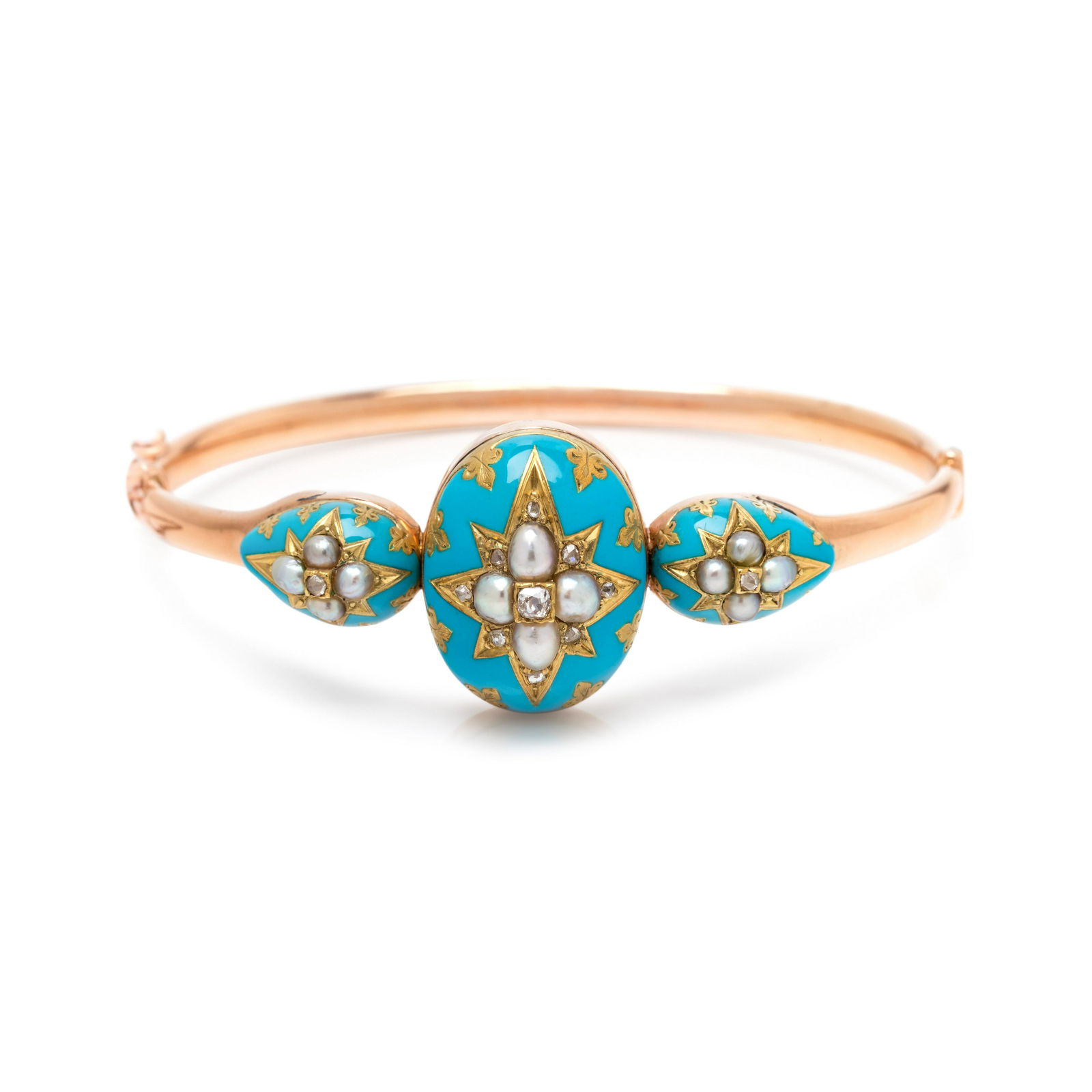 ANTIQUE, DIAMOND, PEARL AND ENAMEL BANGLE BRACELET (1 of 2)