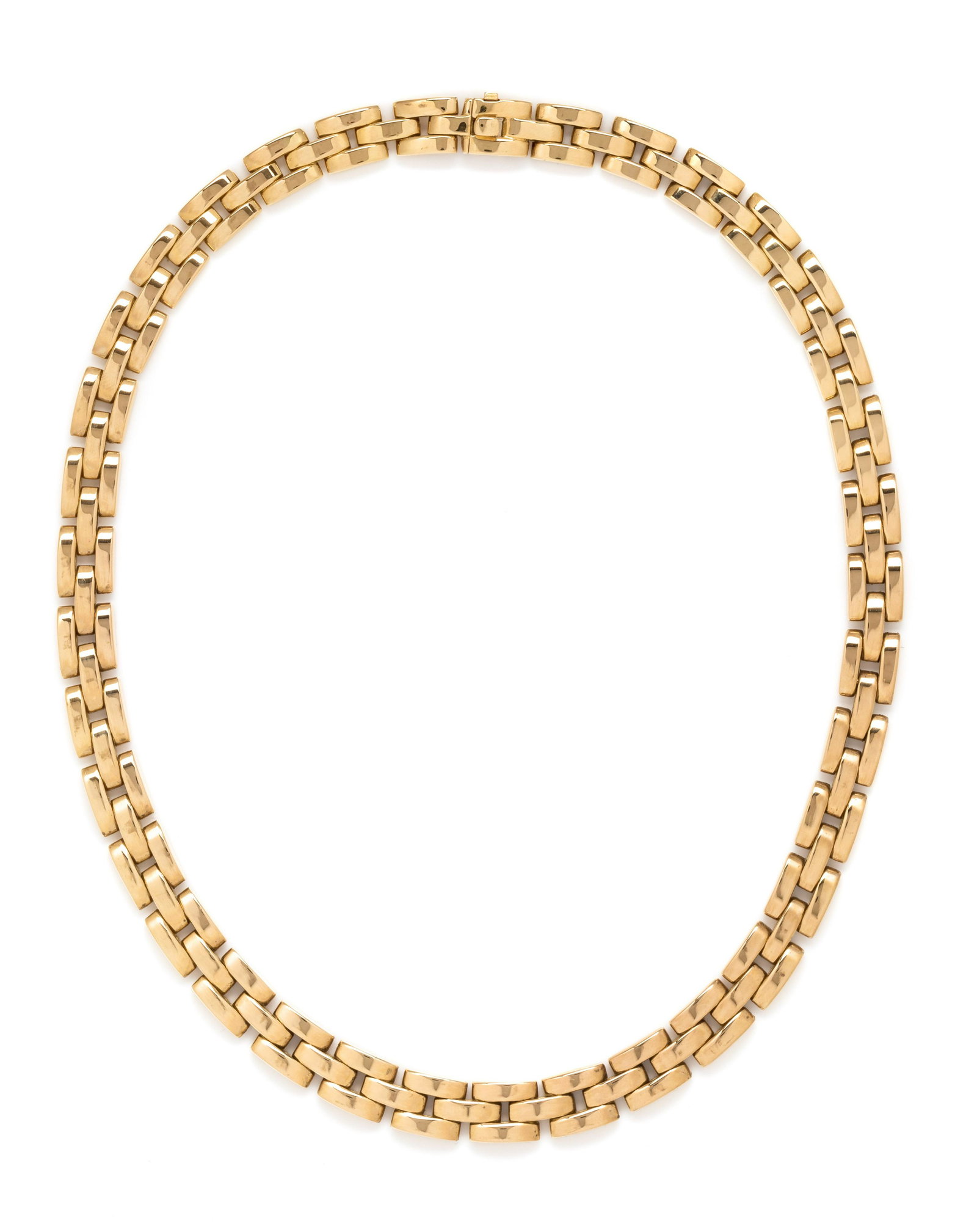 CARTIER, YELLOW GOLD 'MAILLON PANTHÃˆRE': CARTIER, YELLOW GOLD 'MAILLON PANTHÃˆRE' NECKLACE In a three row brick link design. 15 inches long. Stamp: (French hallmark) (maker's mark) 750 653127 Cartier. 42.75 dwt. Accompanied by a Ca