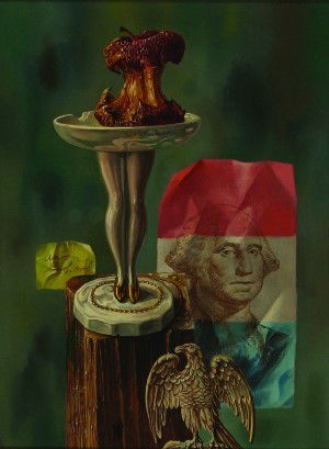 Aaron Bohrod, (American, 1907-1992), Hard Core Ame: Aaron Bohrod (American, 1907-1992) Hard Core America oil on gessoed panel signed "Aaron Bohrod" (middle of left side) 12 x 9 inches. Provenance: Mr. D.L. Evans, Wisconsin.