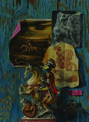 Aaron Bohrod, (American, 1907-1992), Horse and Ryd: Aaron Bohrod (American, 1907-1992) Horse and Ryder oil on gessoed panel signed "Aaron Bohrod" (lower right) 18 x 14 inches. Provenance: Mr. D.L. Evans, Wisconsin.