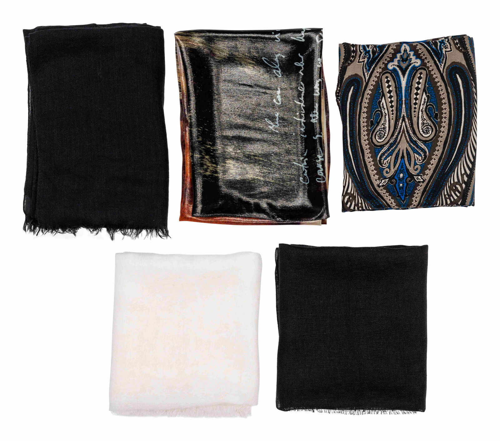 Five Lightweight Designer Scarves: Two Ralph Rucci, Two: Five Lightweight Designer Scarves: Two Ralph Rucci, Two Loro Piana, One Etro This lot includes five scarves. THE FIRST Black cashmere and silk blend scarf. Label: Chado / Ralph Rucci Approximate Measu