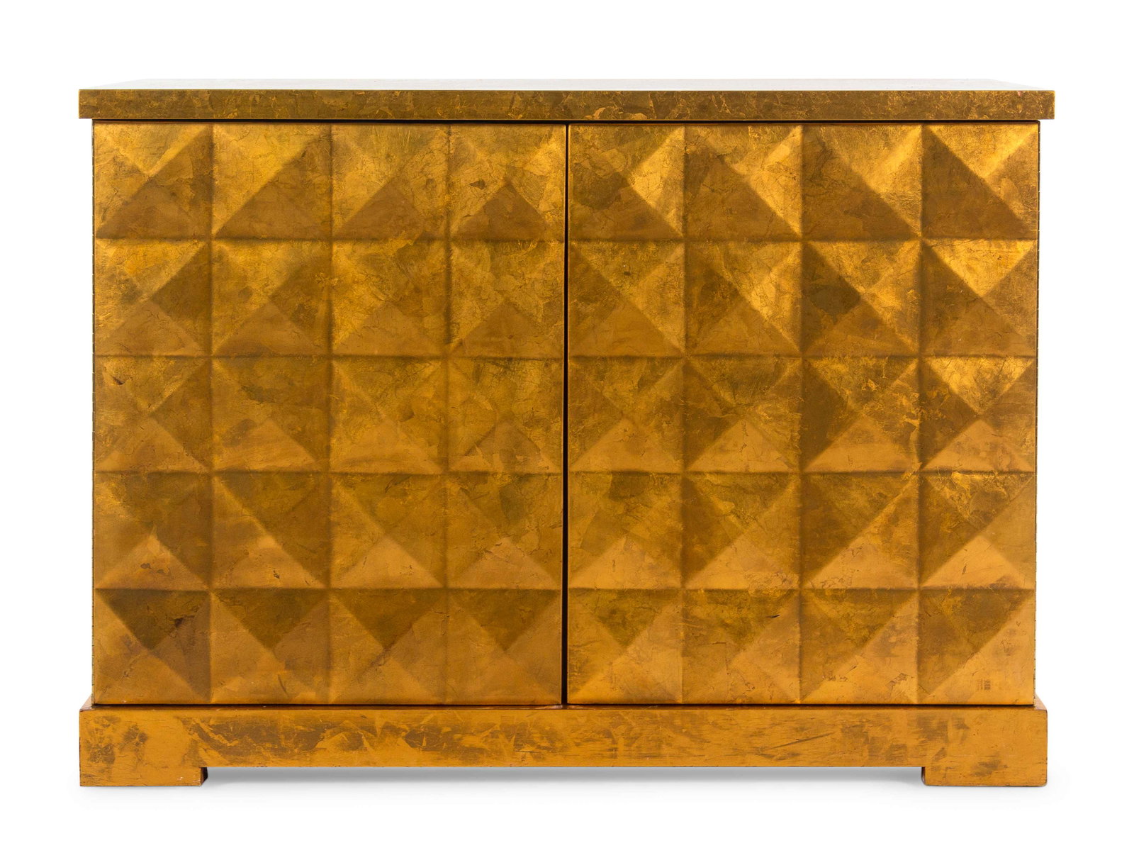 A Contemporary Gold-Finished Two-Door Cabinet: A Contemporary Gold-Finished Two-Door Cabinet Height 35 1/4 x width 49 1/4 x depth 18 5/8 inches.