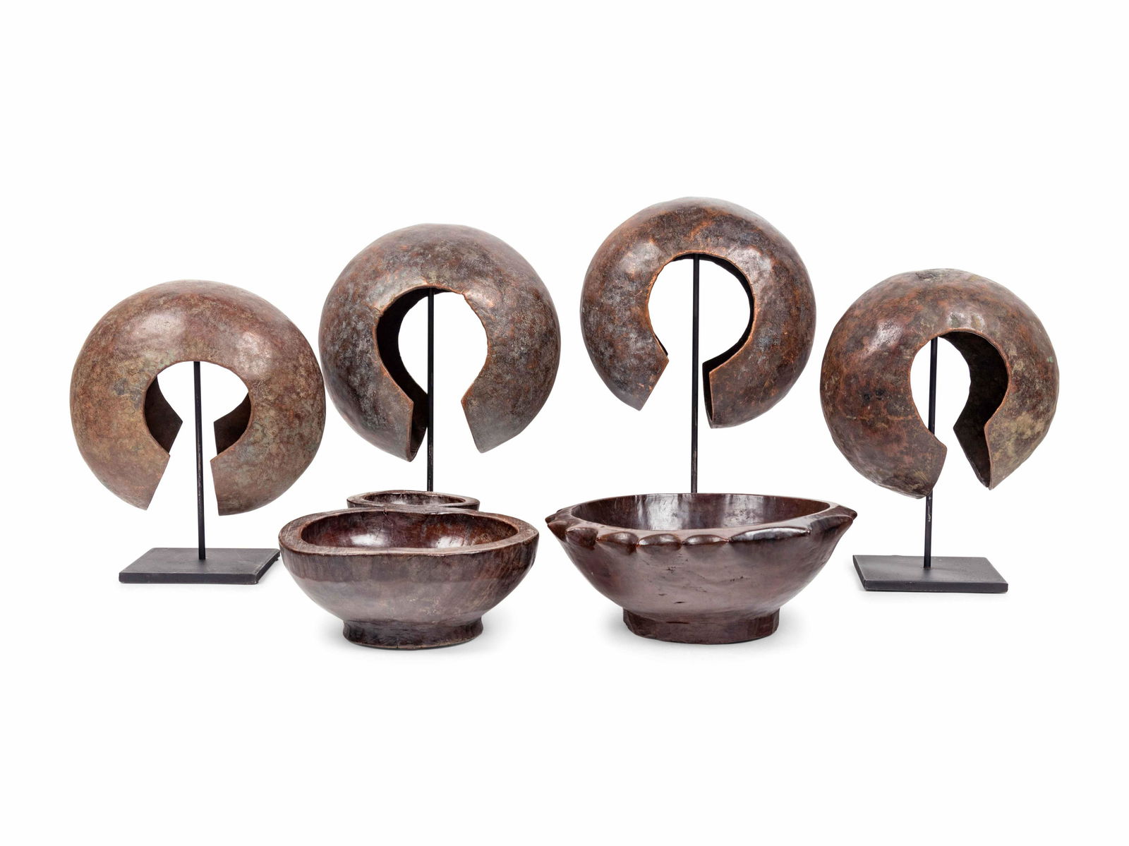 A Pair of Philippine Carved Wood Bowls and Four African (1 of 2)