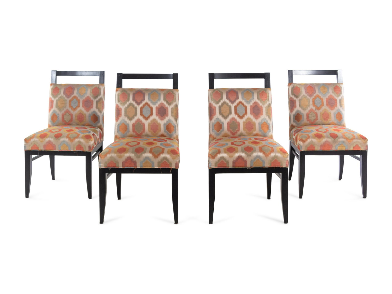 A Set of Four Designmaster Dining Chairs with Silk: A Set of Four Designmaster Dining Chairs with Silk Upholstery Height 39 1/2 x width 21 x depth 24 inches.