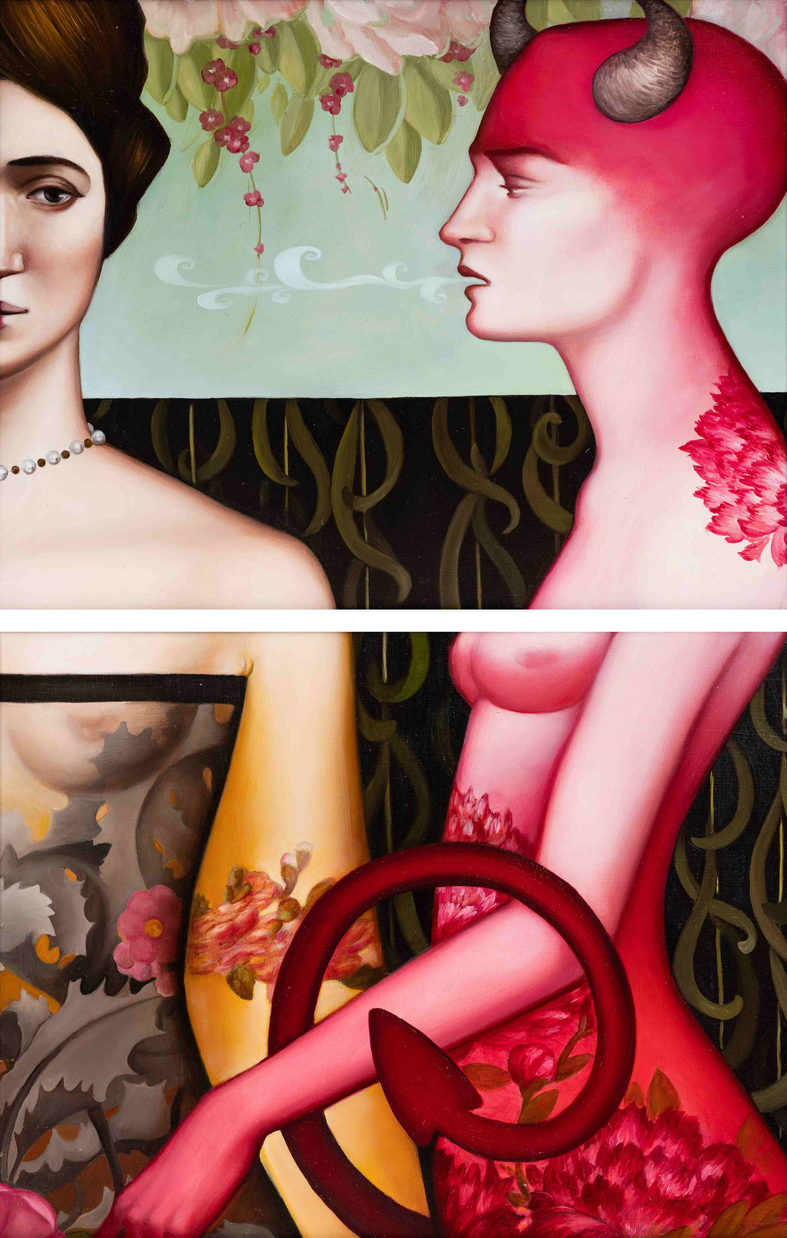 Kelli Hoppmann (American, 20th Century): Kelli Hoppmann (American, 20th Century) Devil's Advocate 1, 2007 and Devil's Advocate 11 (two works) oil on masonite signed, titled and dated to the reverse Each: 11 x 14 inches.