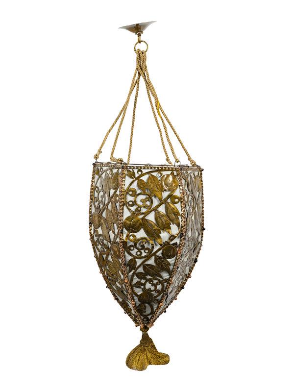A Pierced Gilt Metal and Silk Pendant Light: A Pierced Gilt Metal and Silk Pendant Light Height 29 x width 14 1/2 inches. Property from the Collection of Michelle Smith, Washington, D.C.
