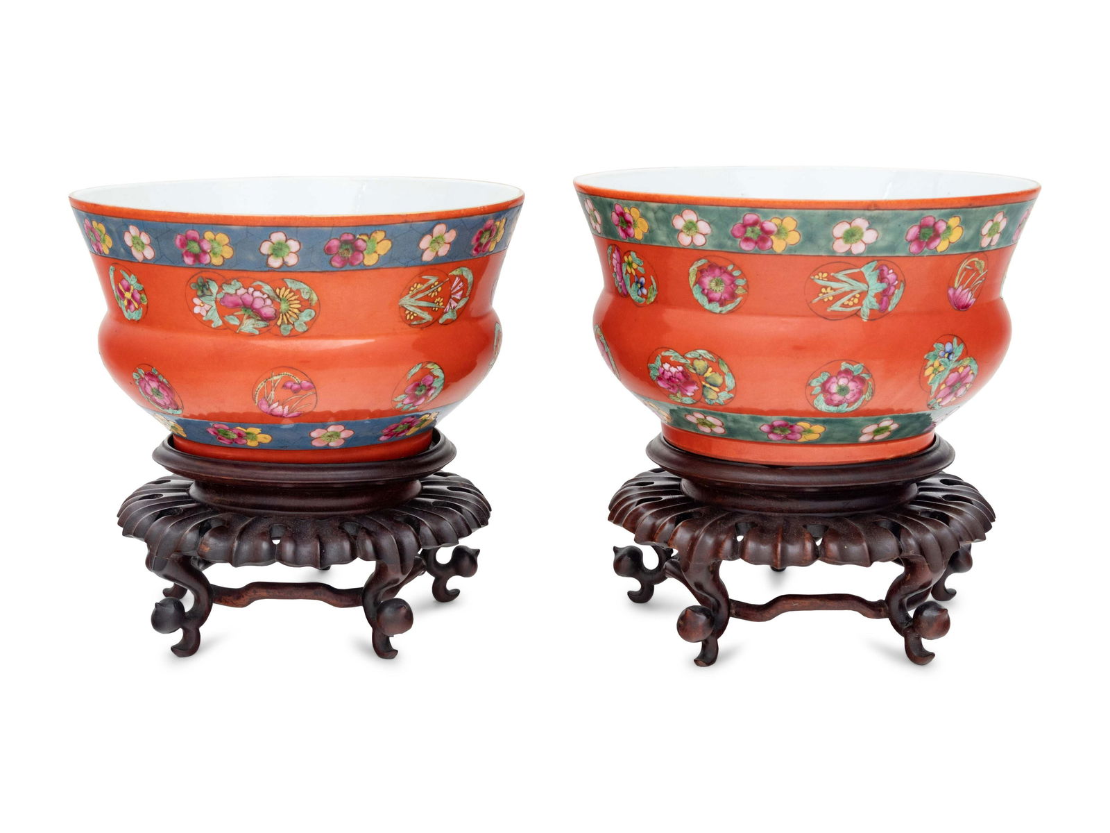 A Pair of Chinese Coral Red Ground Porcelain Cache Pots (1 of 2)
