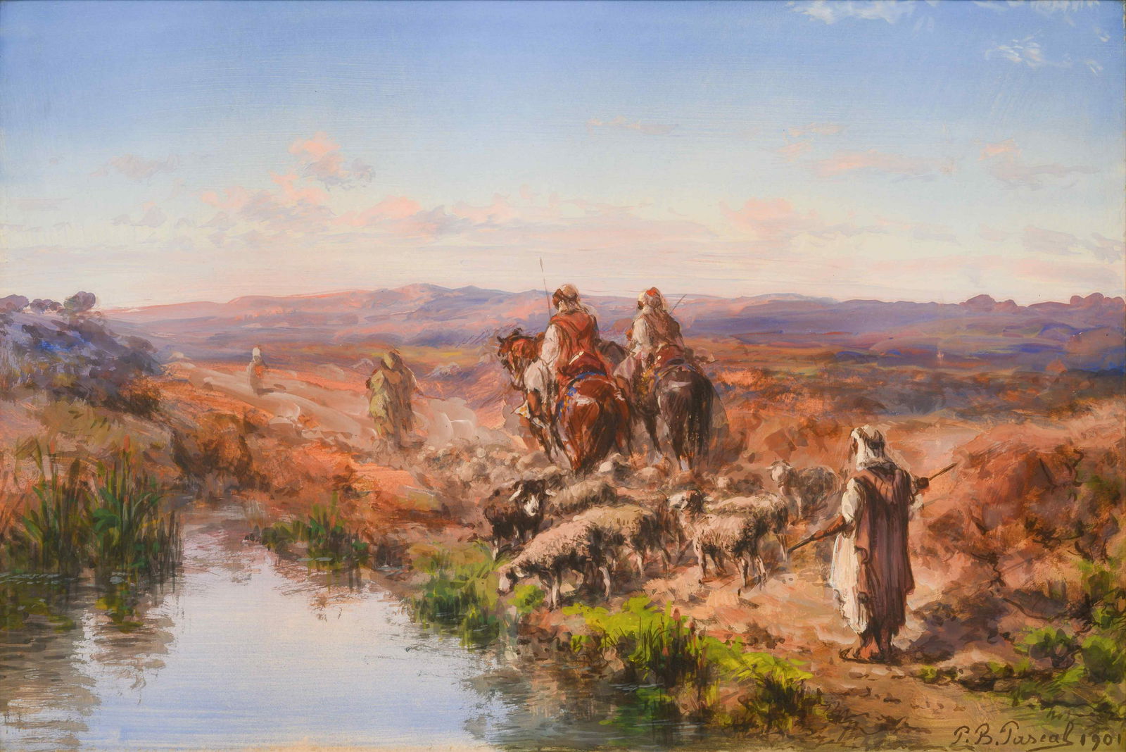 Paul Pascal (French, 1832-1903): Paul Pascal (French, 1832-1903) Shepherds on a Riverbank, 1901 gouache on paper signed P. B. Pascal and dated (lower right) 17 1/4 x 25 1/2 inches. Property from the Museum of Fine Arts, St. Petersbur