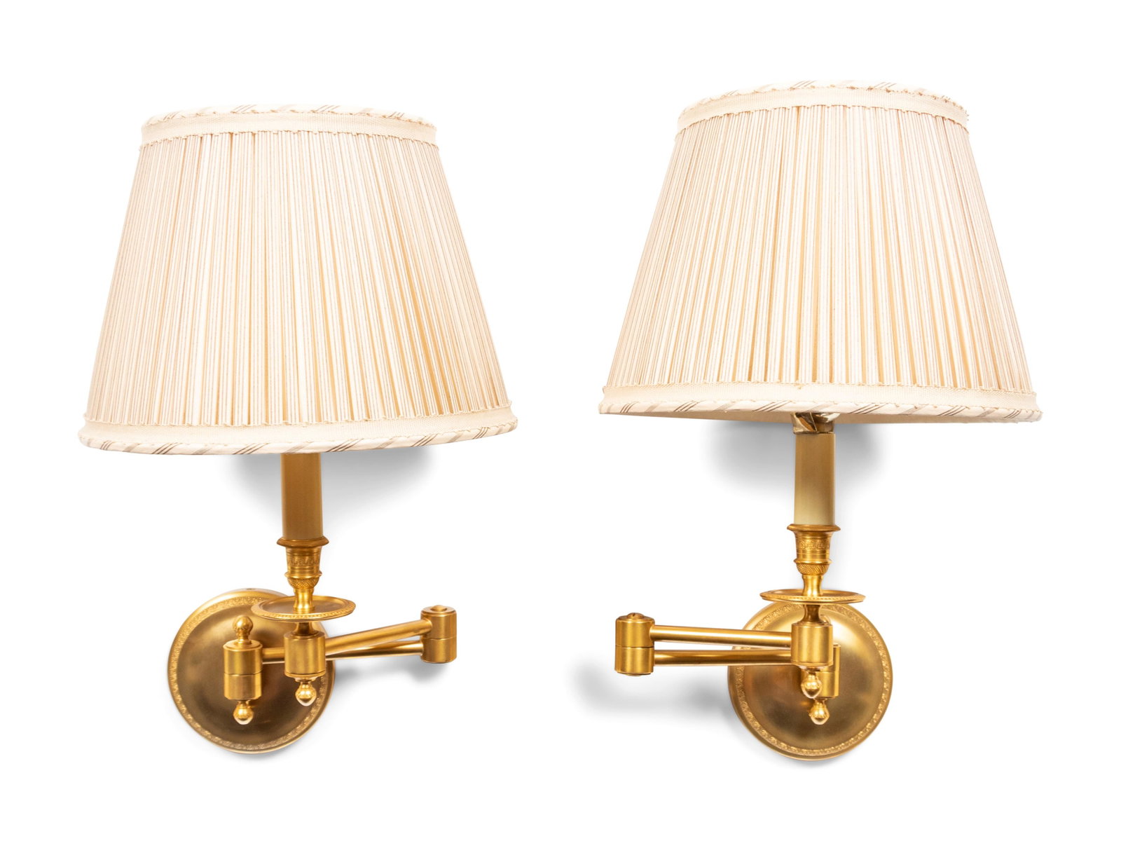 A Pair of Hinson Gilt Metal Swing-Arm Wall Lamps: A Pair of Hinson Gilt Metal Swing-Arm Wall Lamps Height overall 18 x diameter of shades 11 1/4 inches. Property from a Private Collection, Detroit, Michigan
