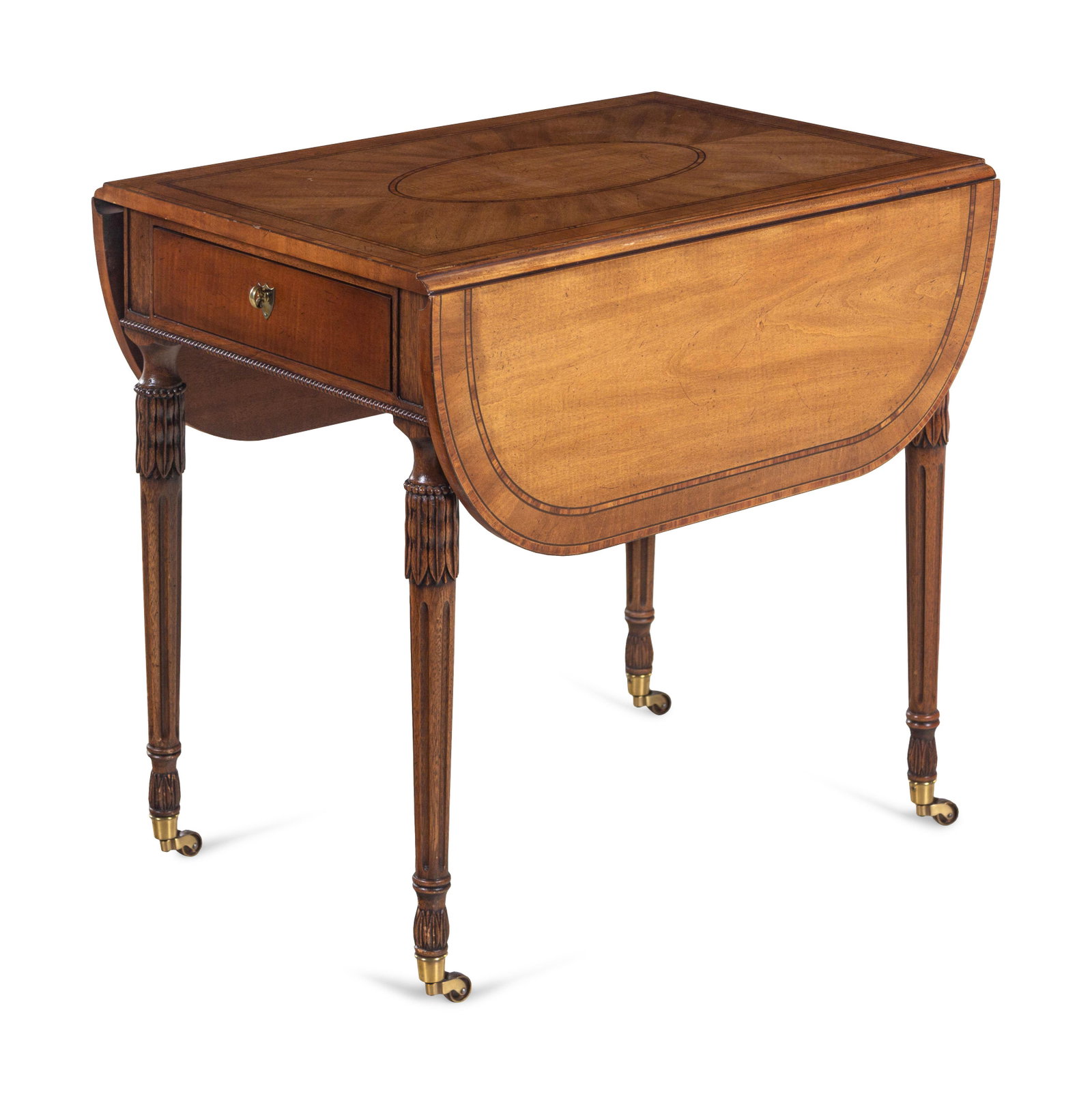 An E.J. Victor George III Style Mahogany, Sycamore and: An E.J. Victor George III Style Mahogany, Sycamore and Pearwood Pembroke Table 20th Century Height 26 1/2 x width 20 x depth 28 inches.