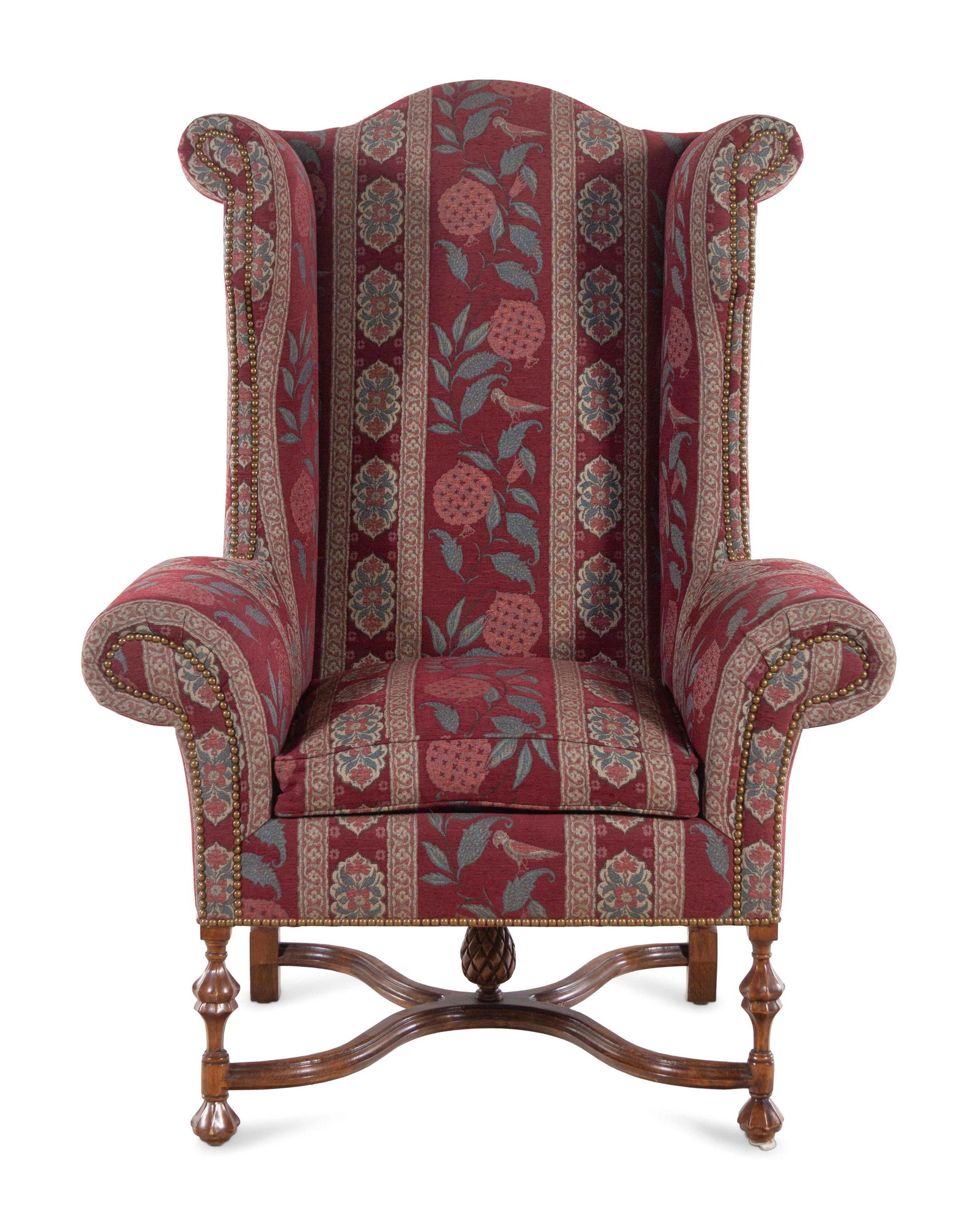 A William and Mary Style Wingback Armchair: A William and Mary Style Wingback Armchair 20th Century Height 55 x width 41 1/2 x depth 30 inches.