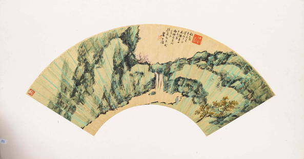 Liang Yuwei: Liang Yuwei (Chinese, 1844-1917) Landscape (1) ink and color on gilt paper, folding fan leaves signed and inscribed, date year gengzi (1900), with a dedication, one artist seal and two collector's