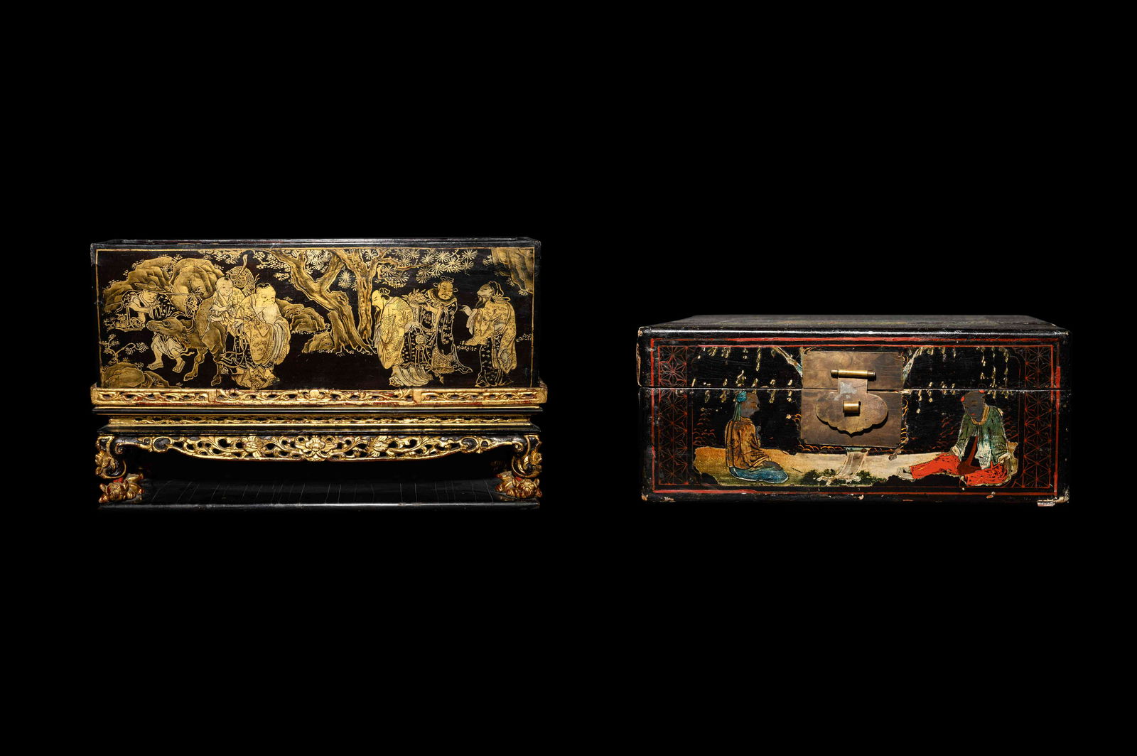 Two Gilt Decorated Black Lacquer Covered Boxes (1 of 10)
