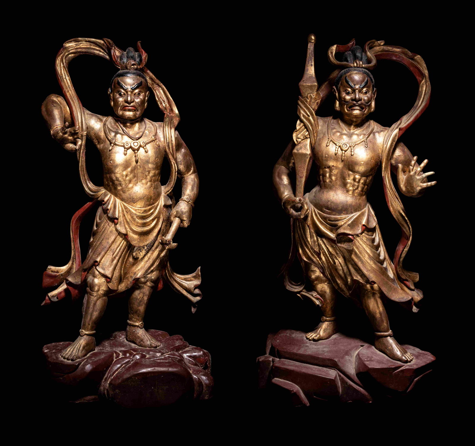 A Pair of Gilt and Red Lacquered Wood Figures of (1 of 7)