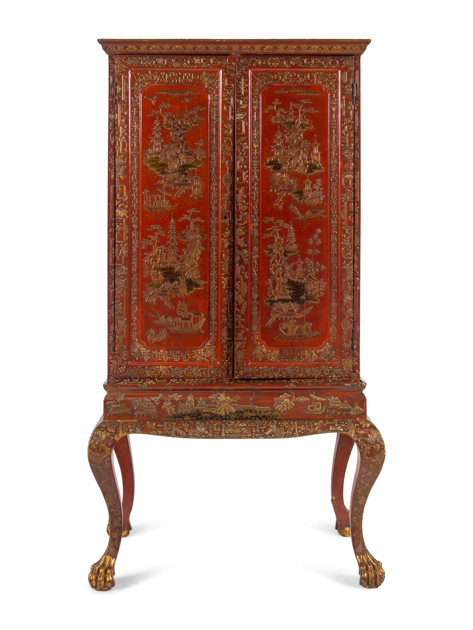 A Large Gilt Decorated Red Lacquered Cabinet on Stand (1 of 3)