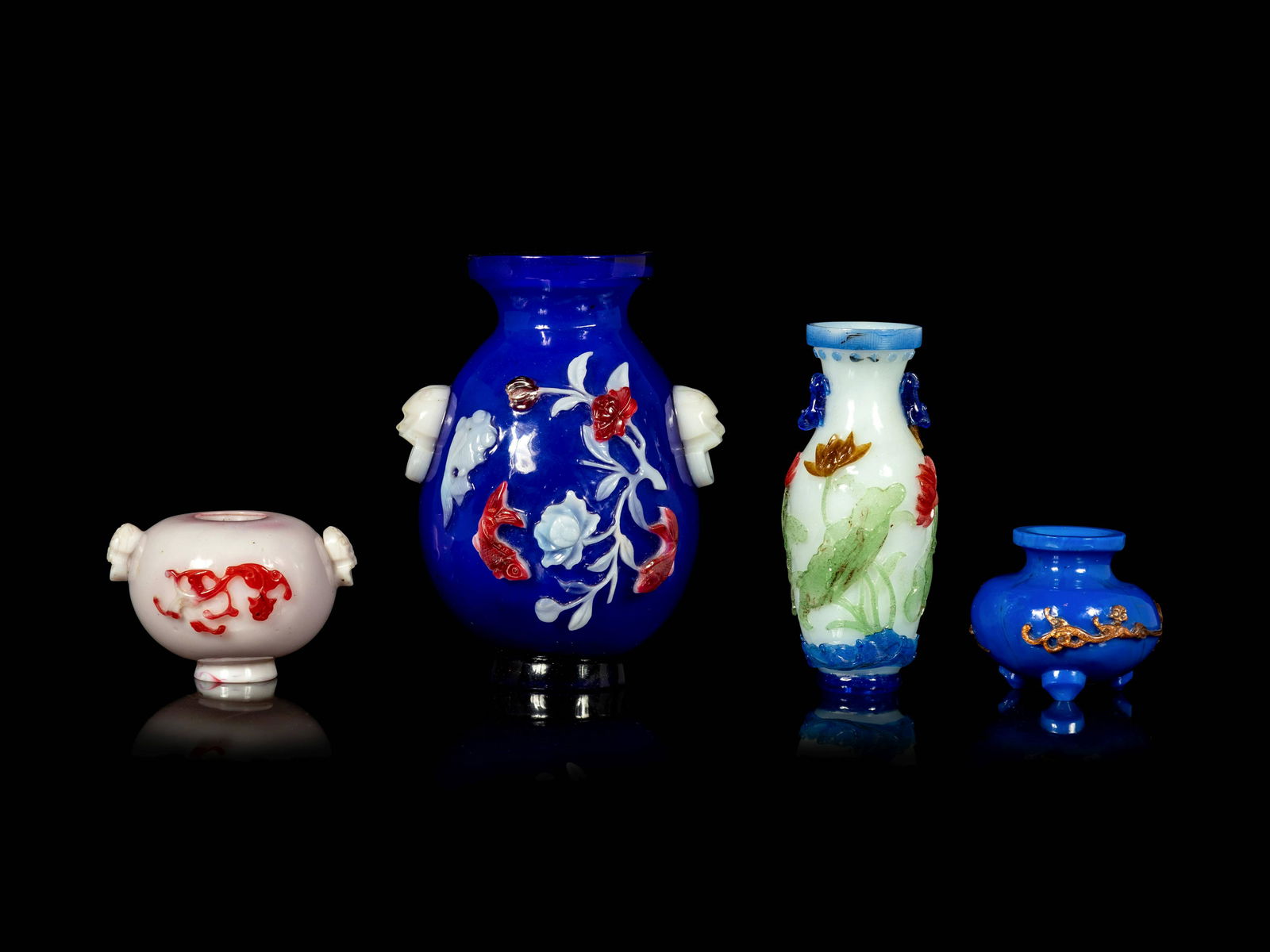 Four Chinese Polychrome Overlay Glass Articles (1 of 9)