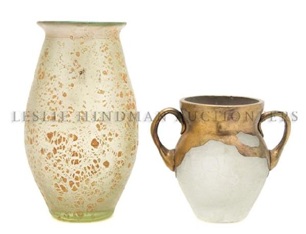 Two Glass Vases, Height of tallest 4 3/4 inches.: Two Glass Vases, one in the manner of Loetz, the other of handled form. Height of tallest 4 3/4 inches.