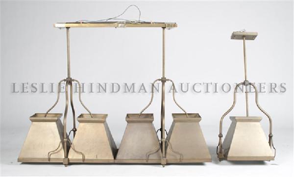 A Four-Light Billiard Fixture, Height of first 35 3/4 x: A Four-Light Billiard Fixture, together with a single light example. Height of first 35 3/4 x width 49 inches. Property from the Collection of Jeanne and Alvin Ruck, Inverness, Illinois