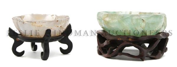 Two Carved Hardstone Low Bowls, Width of widest 4 3/8 i: Two Carved Hardstone Low Bowls, each of foliate form. Width of widest 4 3/8 inches. Property from the Collection of Mr. John Mix, Chicago, Illinois