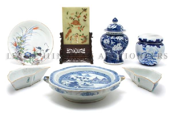 A Group of Seven Asian Decorative Articles, Height of f: A Group of Seven Asian Decorative Articles, comprising, a hardstone plaque on stand, two bowls, two vases and two plates. Height of first 10 1/2 inches. Property from the Collection of Greg Peterson, 