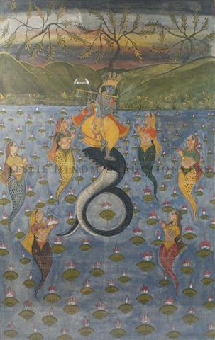 An Indian Painting on Fabric, Height 70 1/2 inches.: An Indian Painting on Fabric, depicting a Hindu deity at center playing a flute like instrument and raised upon a cobra hood form base, surrounded by four female figures with fish form bodies in a pon