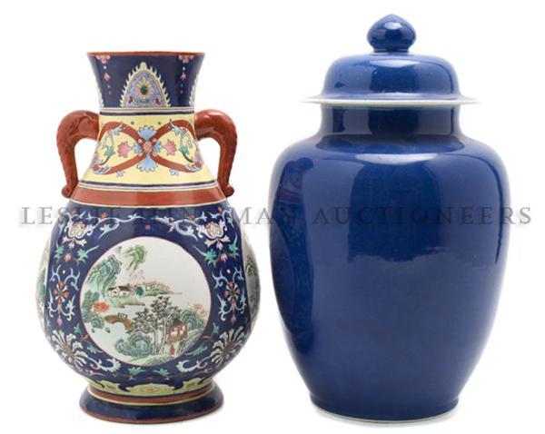 A Pair of Chinese Porcelain Vases, Height of first pair: A Pair of Chinese Porcelain Vases, of handled baluster form, having polychrome foliate decoration throughout with landscape scene of gardens, together with a pair of monochrome blue vases and lids. He