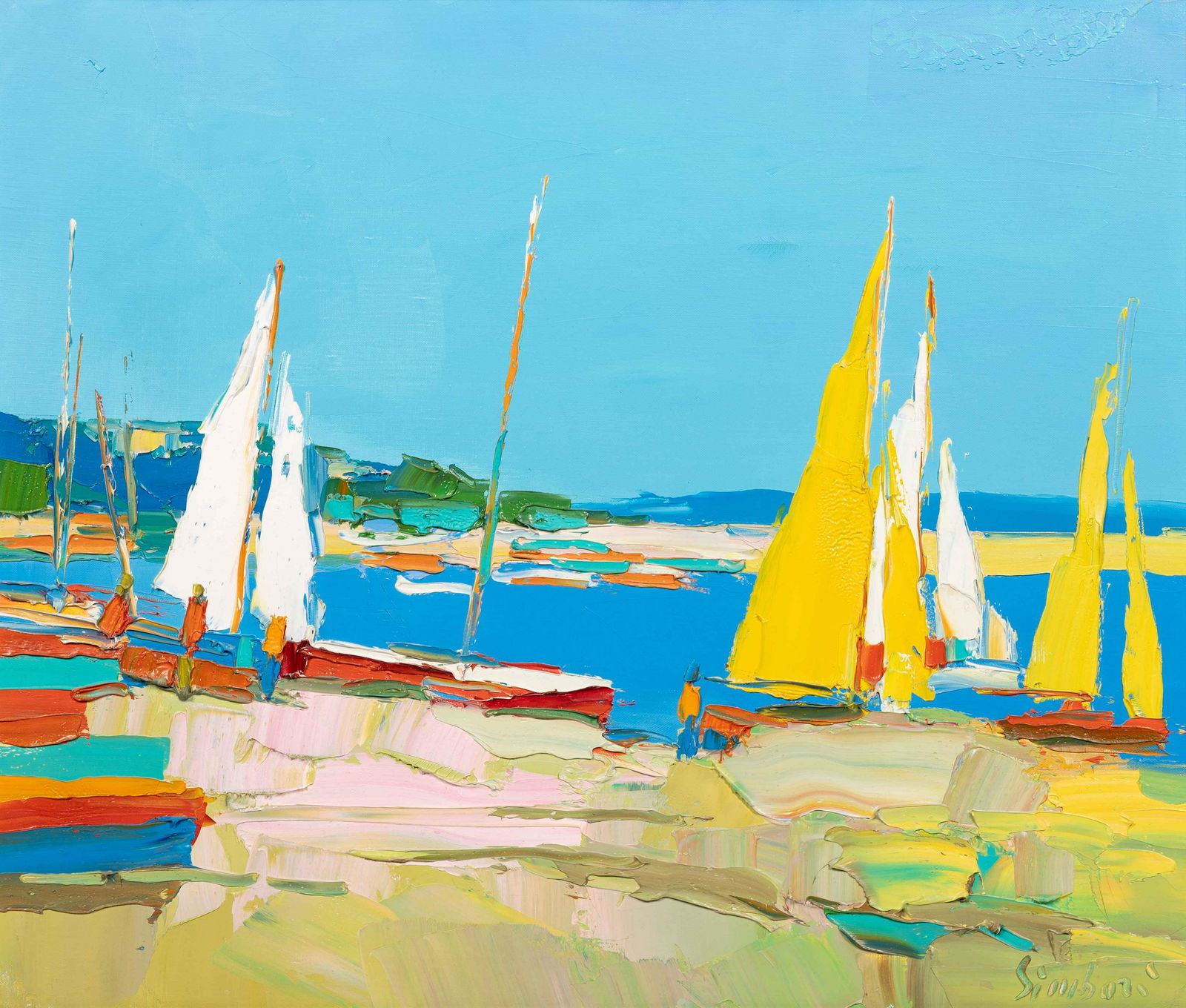 Nicola Simbari (Italian, 1927-2012) Yellow Sails: Nicola Simbari (Italian, 1927-2012) Yellow Sails oil on canvas signed Simbari (lower right); titled (stretcher) 20 x 23 ¾ inches. Property from a Private Collection, Chicago, Illinois This lot ha