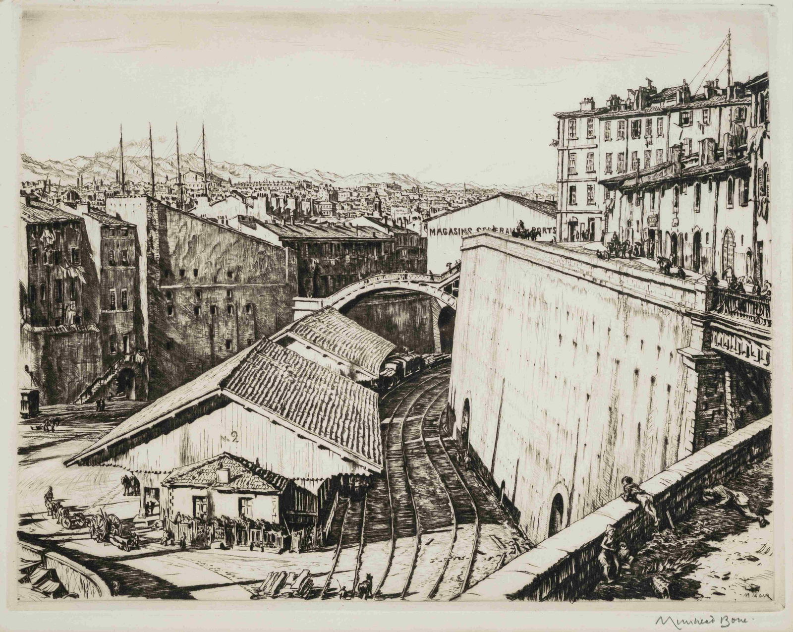 Muirhead Bone (Scottish, 1876-1953) Railway Sheds,: Muirhead Bone (Scottish, 1876-1953) Railway Sheds, Marseilles etching signed in pencil (lower right) 10 x 12 ½ inches. Property from the Estate of Professor Ethan D. Alyea, Jr., Bloomington, Indi