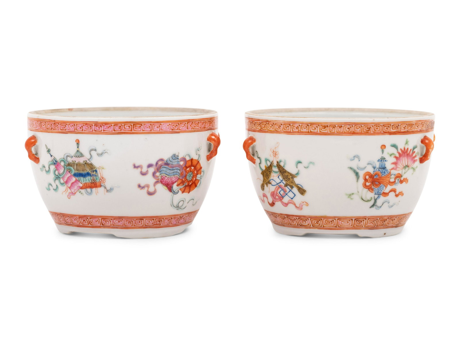 A Pair of Chinese Famille Rose Porcelain Bowls: A Pair of Chinese Famille Rose Porcelain Bowls 19TH CENTURY each having rounded walls, the exterior finely painted with eight Buddhist emblems between two irond red keyfret bands, the shoulder applied