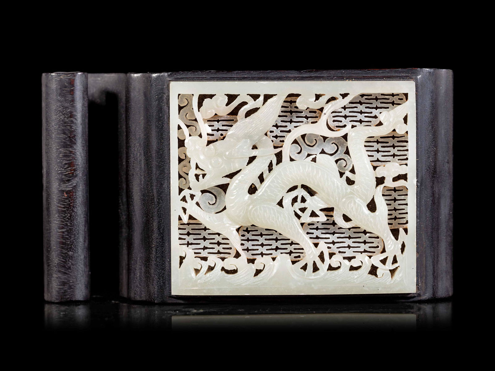 A Chinese Pale Celadon Jade Inset Hardwood Ink Bed (1 of 2)