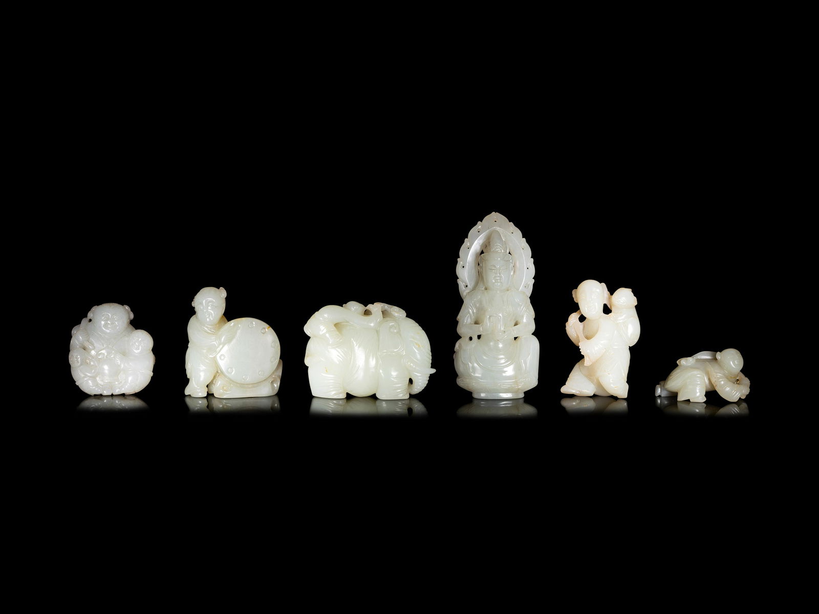 Six Chinese Carved Celadon Jade Figural Groups (1 of 6)