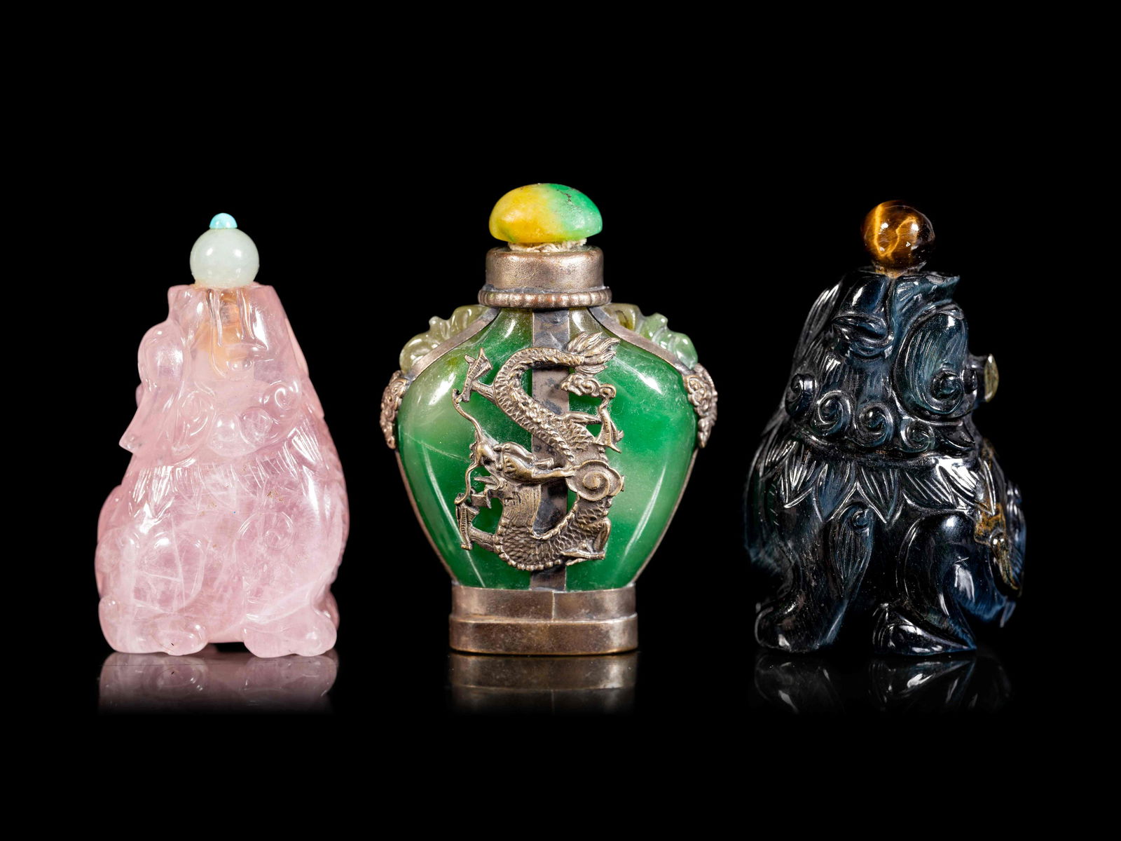 Three Chinese Jadeite and Hardstone Snuff Bottles (1 of 4)