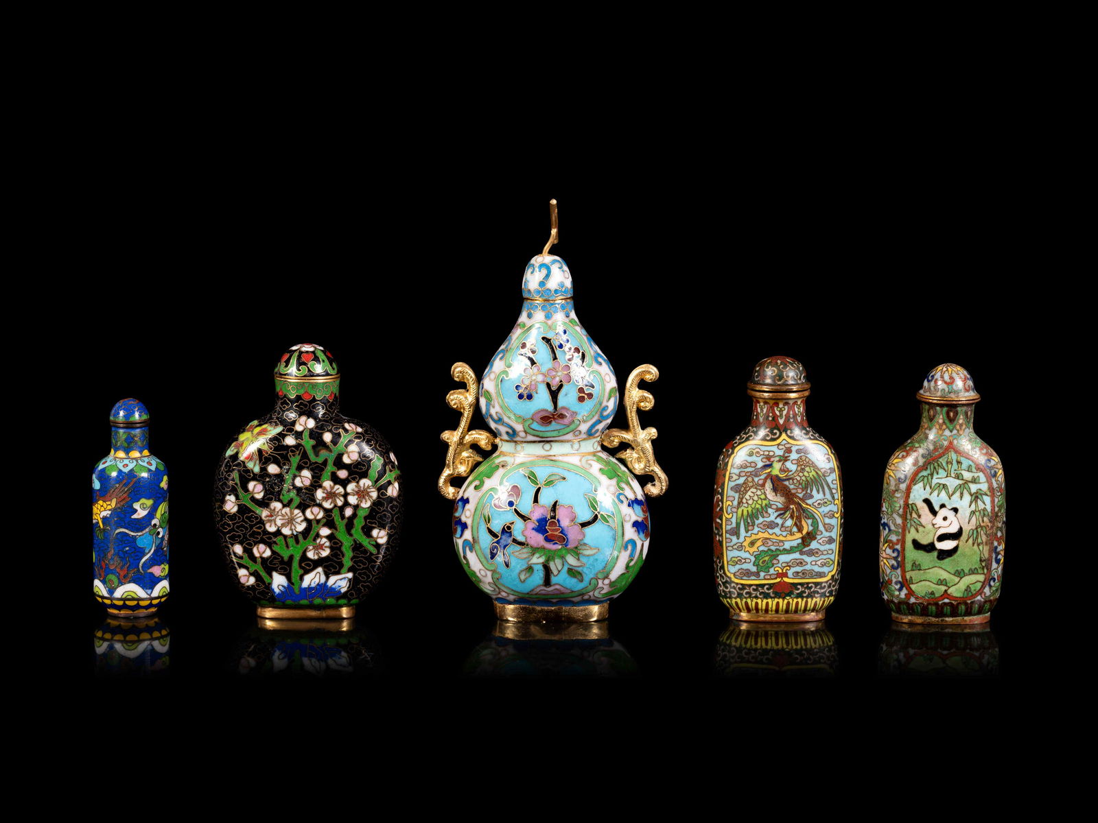 Five Chinese Cloisonné Enamel Snuff Bottles (1 of 5)