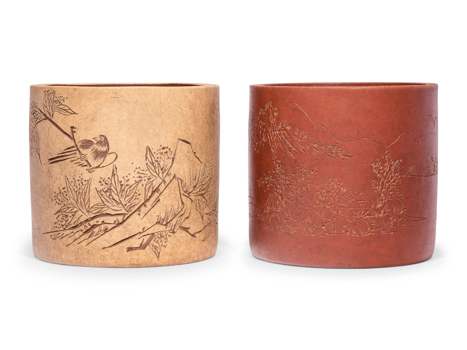 Two Chinese Zisha Yixing Pottery Brushpots, Bitong (1 of 5)