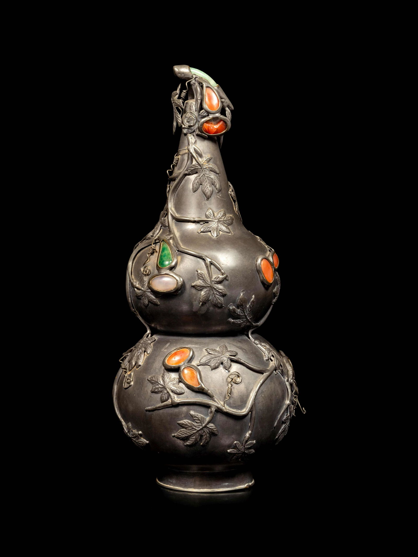 A Chinese Hardstone Inset Pewter Gourd-Form Vase (1 of 4)