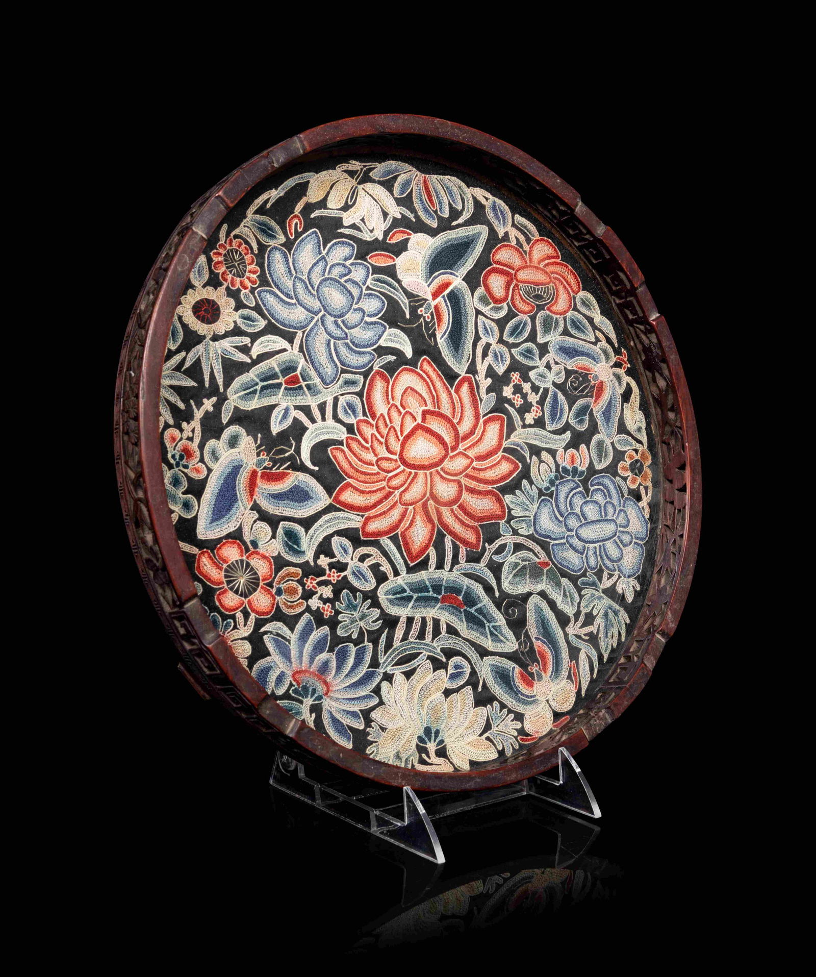 A Chinese Embroidered Silk Inset Hardwood Circular Tray (1 of 2)