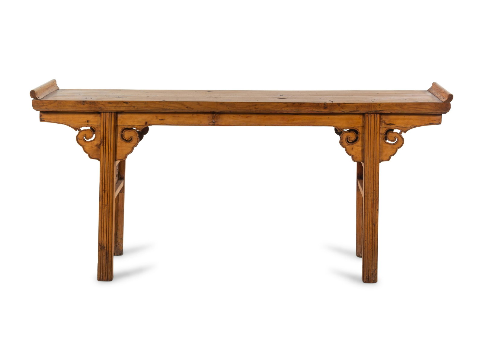 A Chinese Softwood Altar Table, Qiaotou'an: A Chinese Softwood Altar Table, Qiaotou'an LATE QING DYNASTY the thick paneled top of rectangular sections terminating with everted ends, all above a plain aprons and shapedruyispandrels supporting be