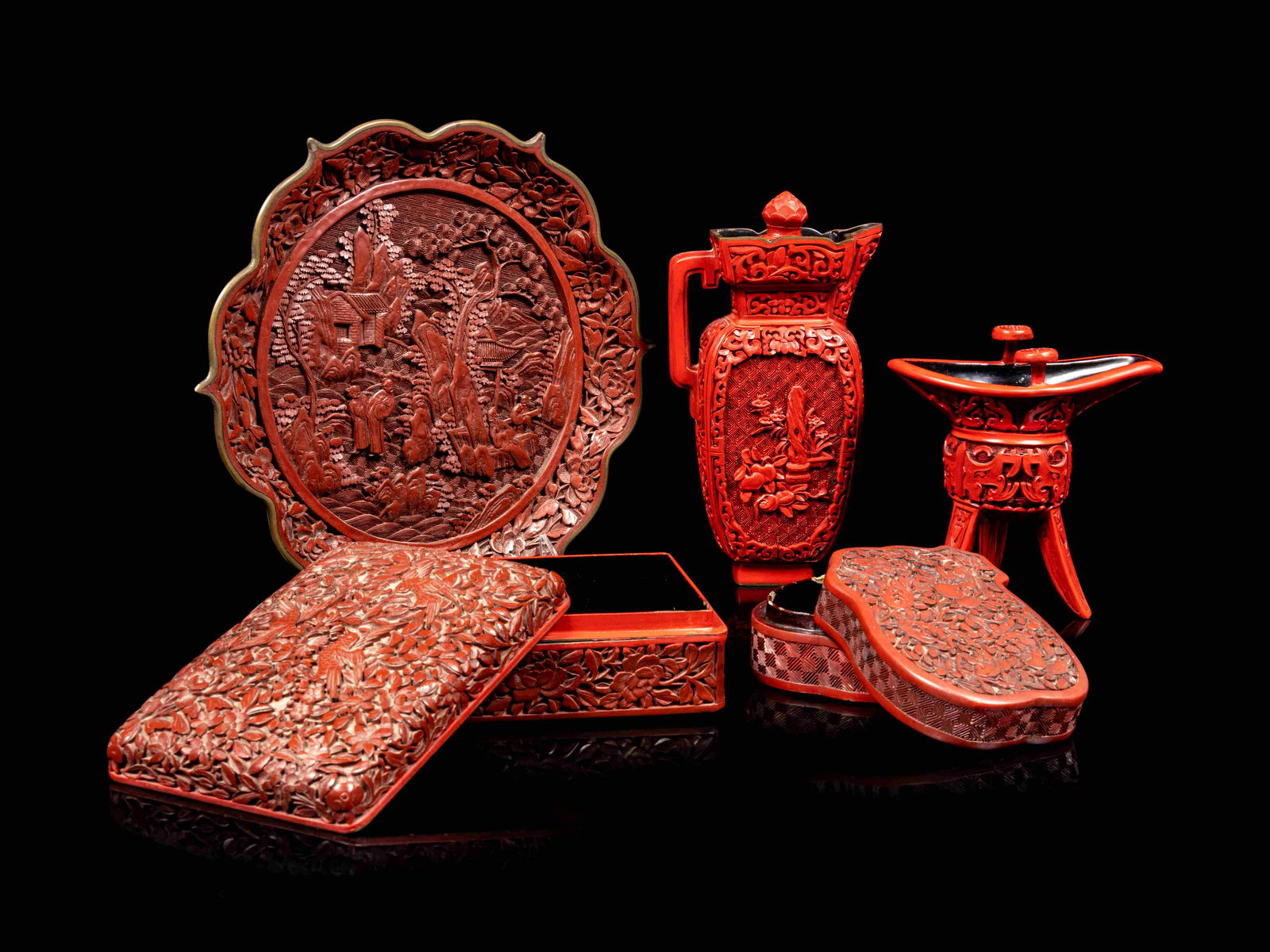 Five Chinese Carved Red Lacquer Articles (1 of 2)