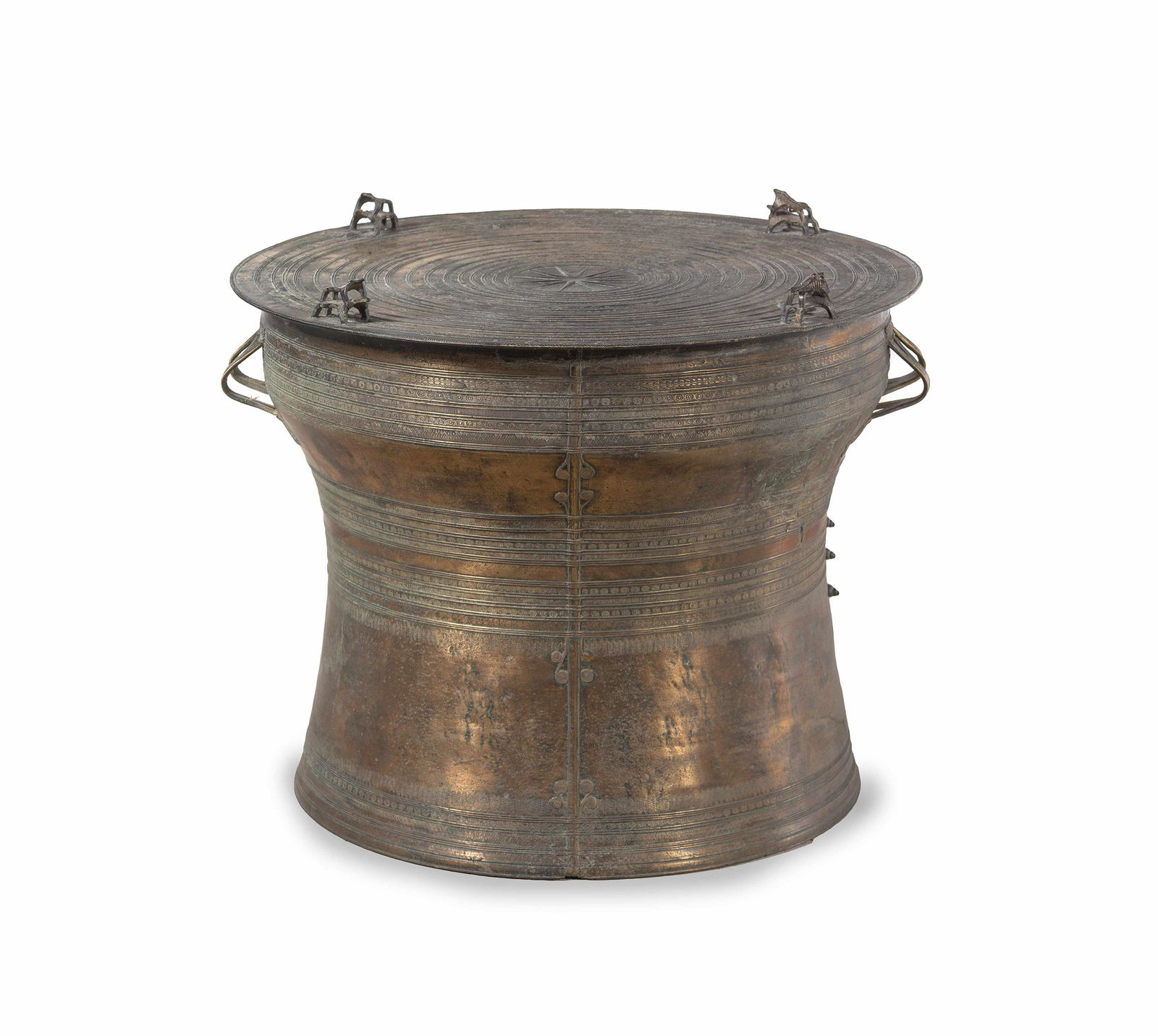 A Laotain Bronze Rain Drum: A Laotain Bronze Rain Drum 19TH/20TH CENTURY of rounded form, incised with banded decoration and flanked by handles on either side. Width 19 in. x height 24 in., 48.25 x 61 cm. Property from the Palm