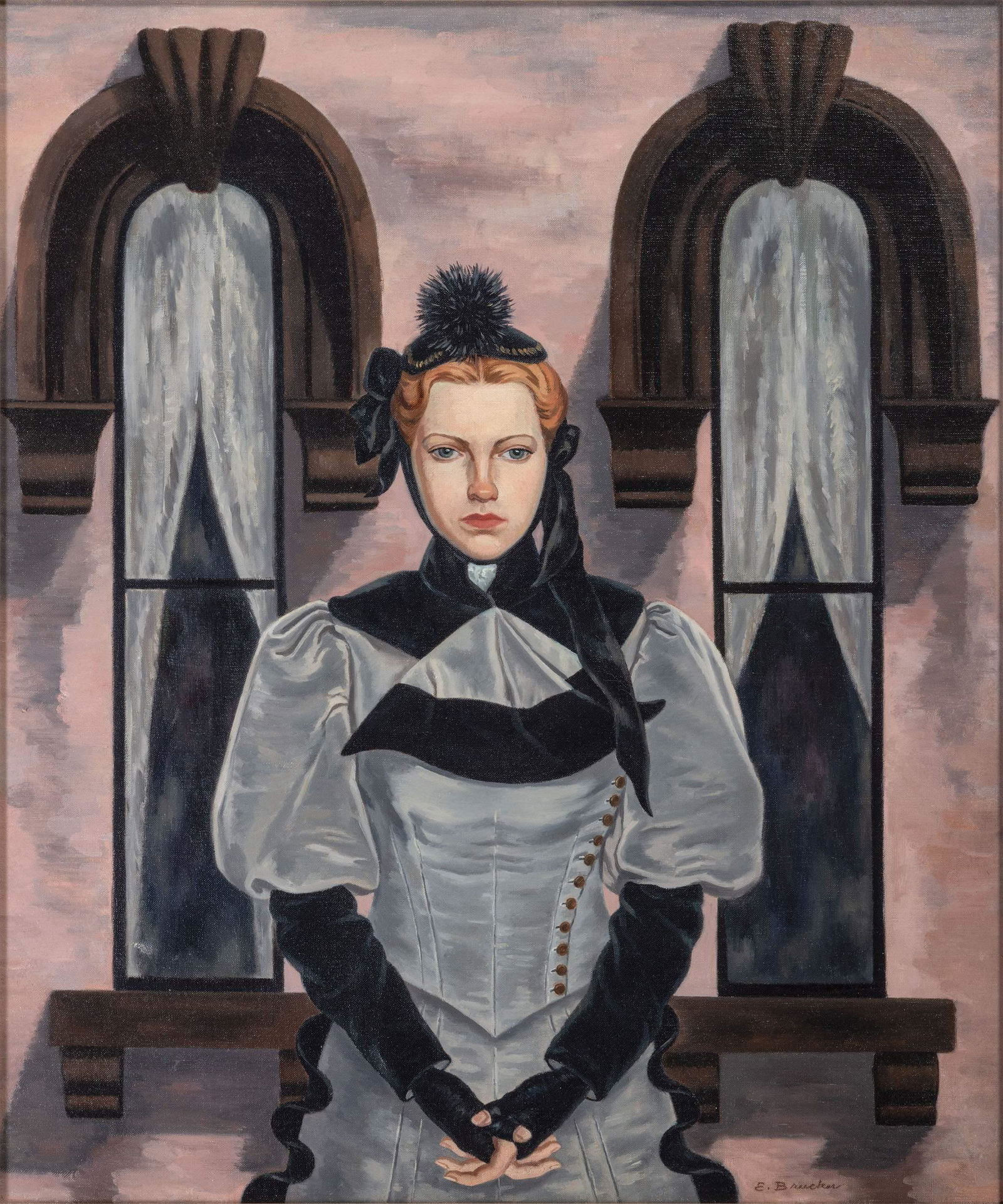 Edmund Brucker (American, 1912-1999): Edmund Brucker (American, 1912-1999) Victorian Lady oil on canvas signed E. Brucker, lower right 30 x 25 inches Property from the Collection of Dr. James Dawson, Manchester, Kentucky