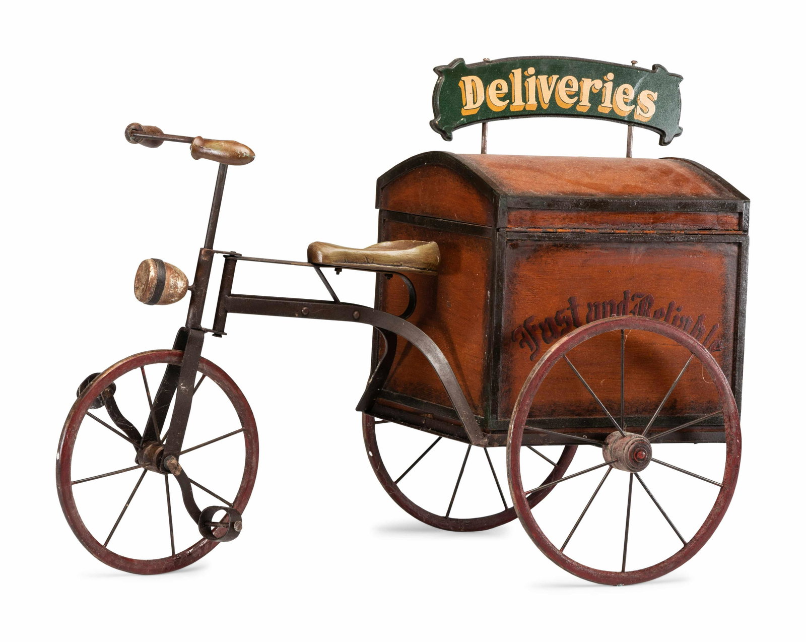 A Painted Wood and Iron Fast and Reliable Deliveries: A Painted Wood and Iron Fast and Reliable Deliveries Child's Tricycle Late 19th Century Height 21 1/2 x width 13 x length 30 inches. (approx.) Property from the Collection of Dr. James Dawson, Manches