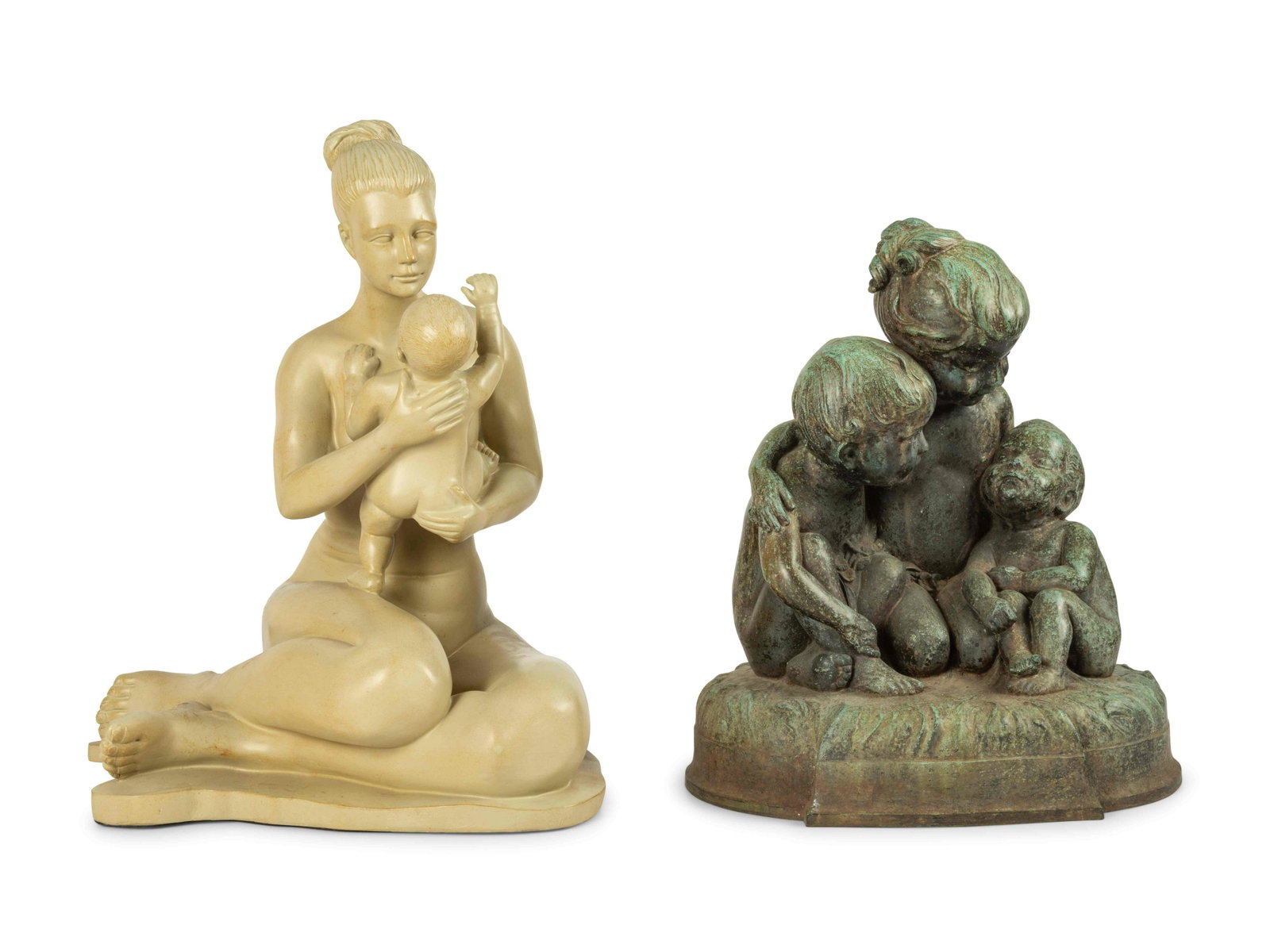 Mabel Landrum Torrey (American, 1886-1974): Mabel Landrum Torrey (American, 1886-1974) a bronze depicting a group of children, signed Mabel Landrum Torrey Sc. to the reverse of the base; together with a plaster sculpture depicting a mother and 