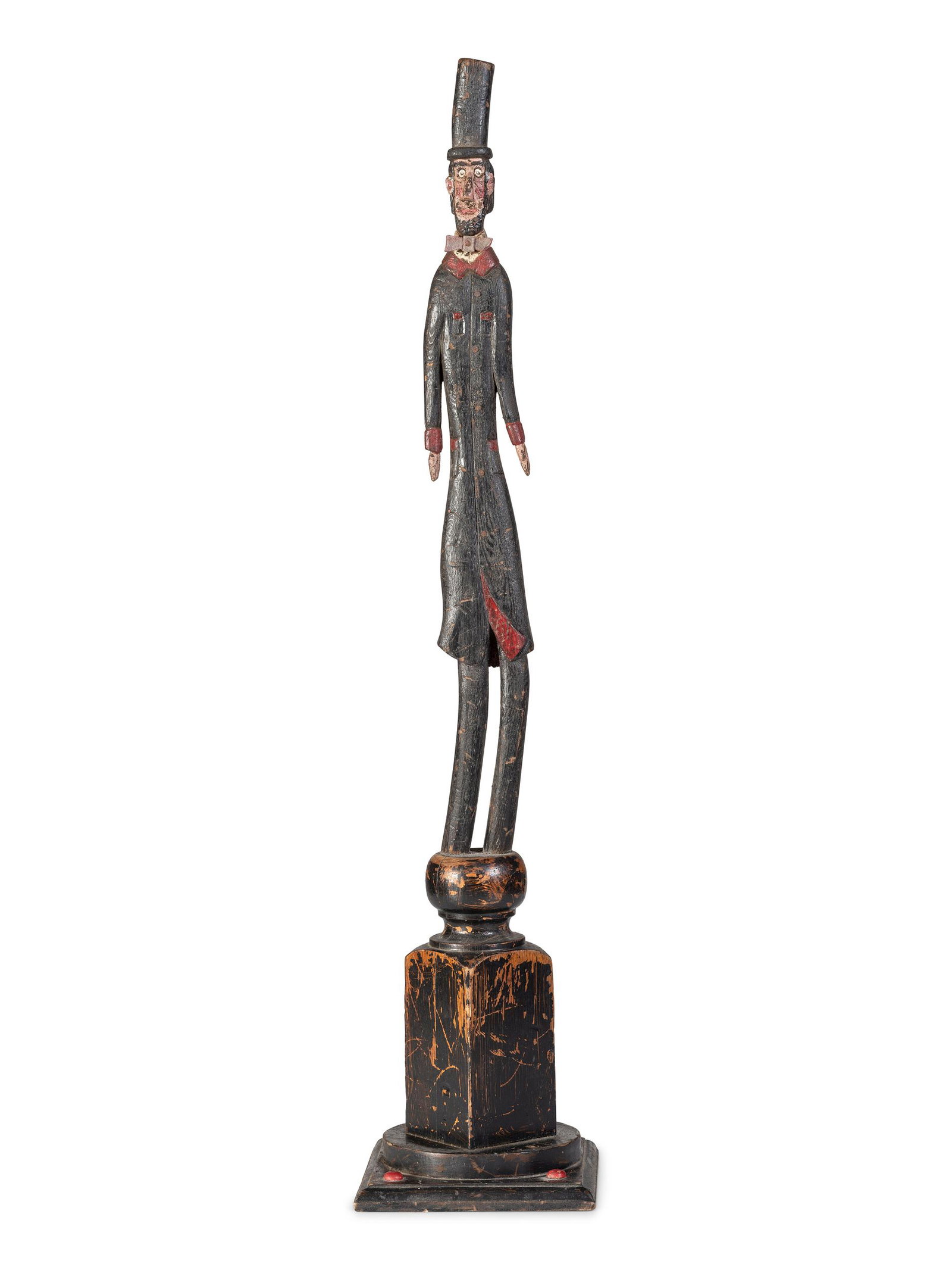 A Folk Art Carved Wood Slender Abe Lincoln Figure with: A Folk Art Carved Wood Slender Abe Lincoln Figure with Polychrome Decoration by Kent Gutzmer Signed K Gutzmer and dated 99. Height 37 1/4 inches. Property from the Collection of Dr. James Dawson, Manc