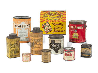 Ten Beverage and Tobacco Advertising Tins: Ten Beverage and Tobacco Advertising Tins Early 20th Century includes tins for Beech-Nut Chewing Tobacco, Philip Morris & Co. Cigarettes, Toddy, White House Green Tea, Cambridge Coffee, Luzianne Coffe