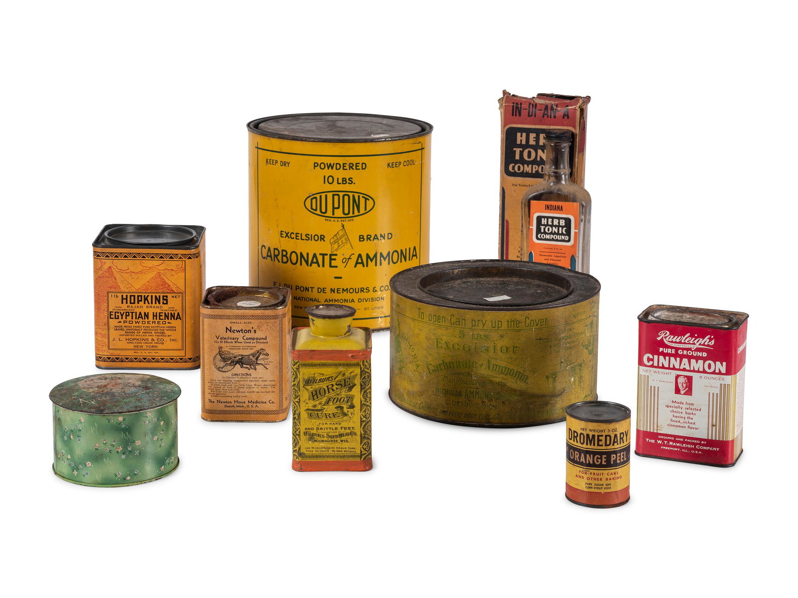 Nine Advertising Tins for Horse and Human Needs: Nine Advertising Tins for Horse and Human Needs Early 20th Century includes tins for Dupont Carbonate of Ammonia, Excelsior Carbonate of Ammonia, Indiana Herb Tonic Compound, April Showers Creamy Powd