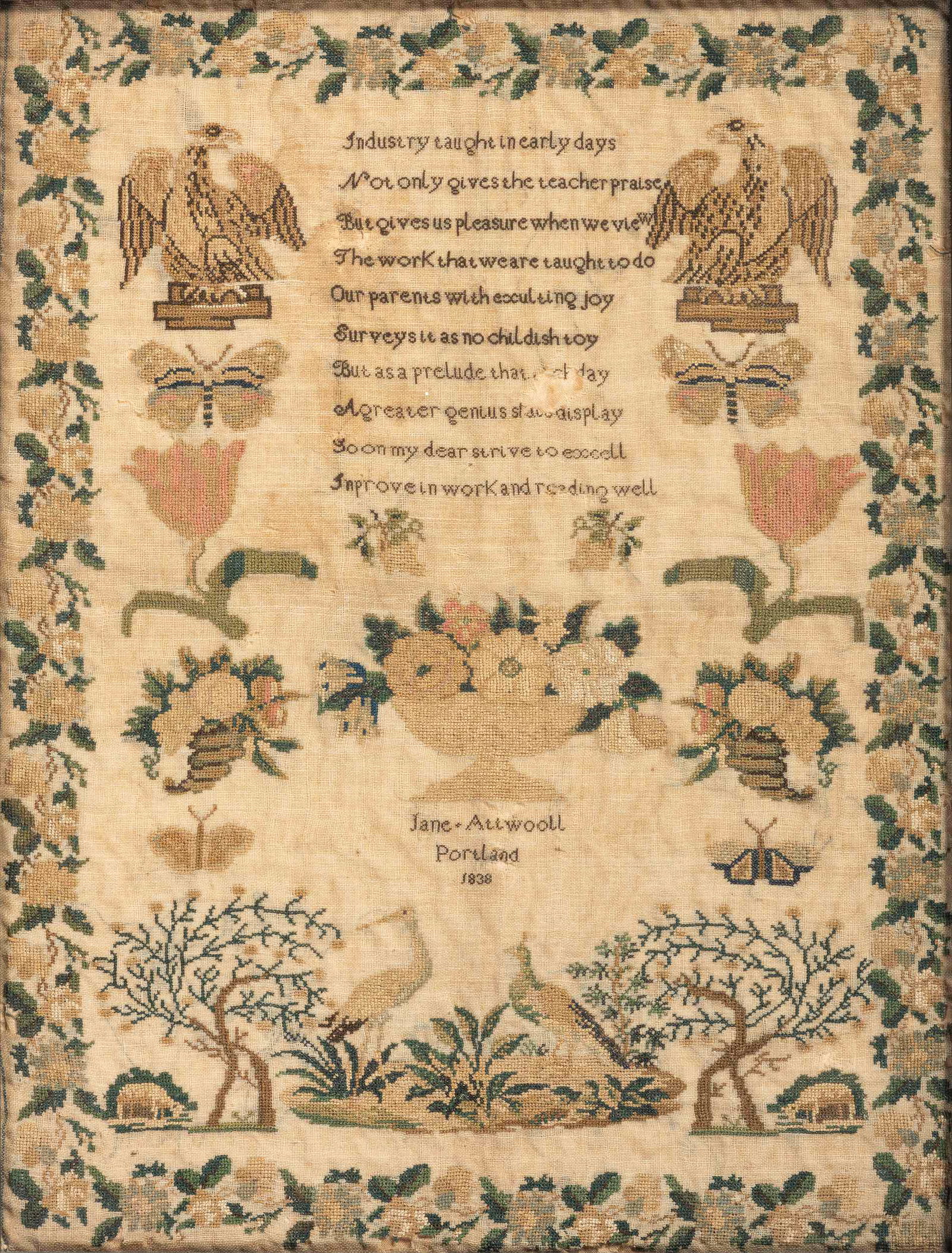 A Maine Needlework Sampler with Eagles (0273) on Sep 30, 2021 Hindman in OH