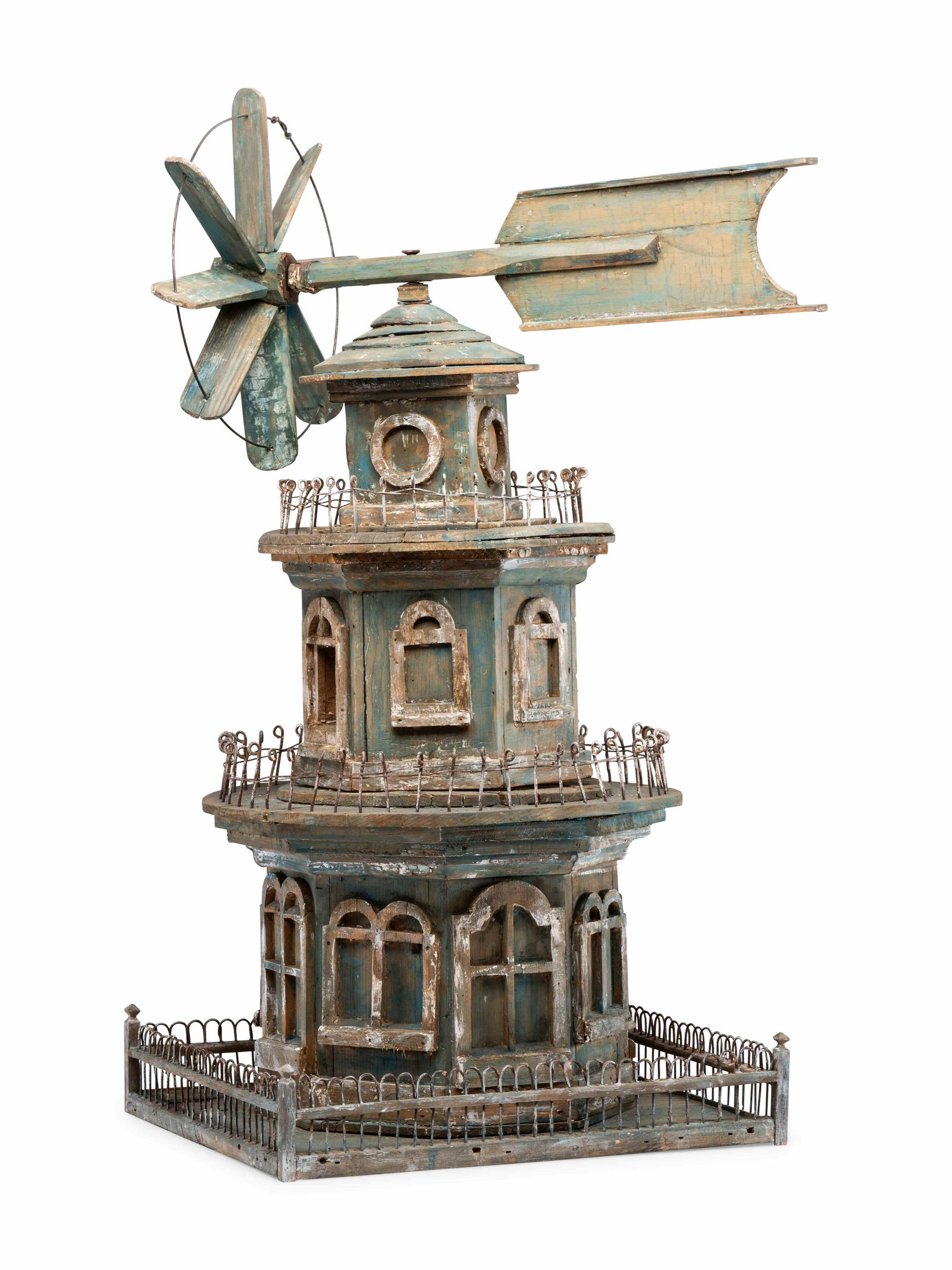 A Victorian Painted Wood and Wire Architectural: A Victorian Painted Wood and Wire Architectural Whirligig Directional Birdhouse 19th Century Height 31 1/4 x width 15 3/4 x depth 14 inches. Property from the Dean Lower Estate, Lanark, Illinois