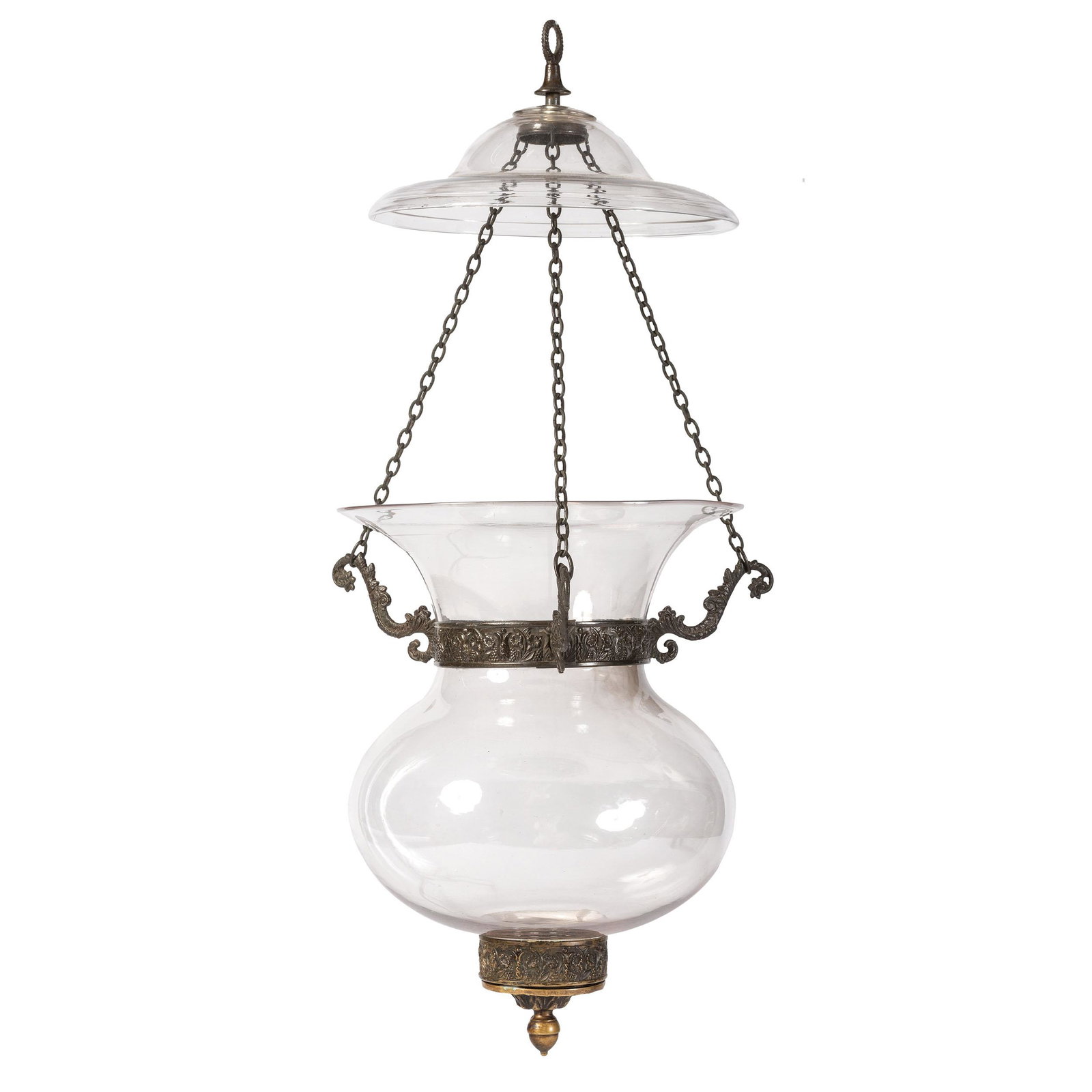 A Classical Pressed Metal Mounted Blown Glass Hall: A Classical Pressed Metal Mounted Blown Glass Hall Lantern Circa 1840 Diameter of glass 10 1/4 inches. Property from the Dean Lower Estate, Lanark, Illinois