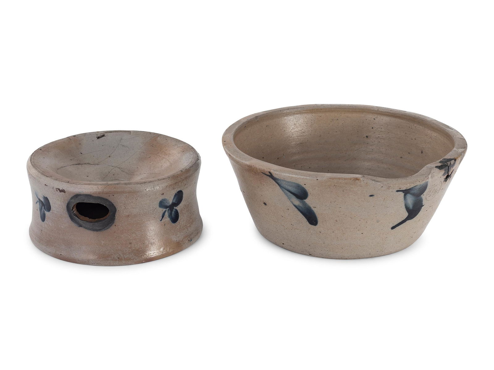 A Cobalt Decorated Stoneware Milk Pan and Spittoon (1 of 6)