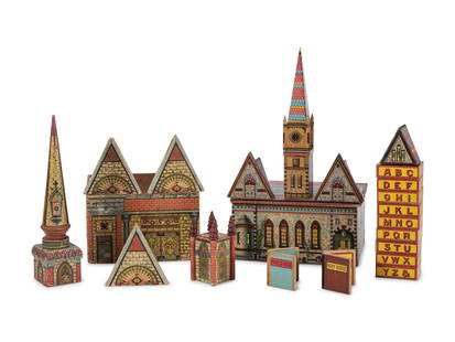 Two Lithograph Paper on Wood Building Block Sets: Two Lithograph Paper on Wood Building Block Sets Late 19th Century comprising an R. Bliss Mfg. Co. Church and Sunday School Blocks set including the box and ten building block components; and a Reed's